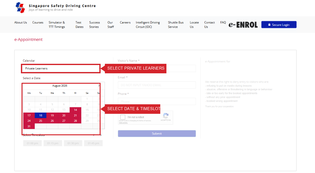 SSDC e-Appointment Calendar - Select Private Learners